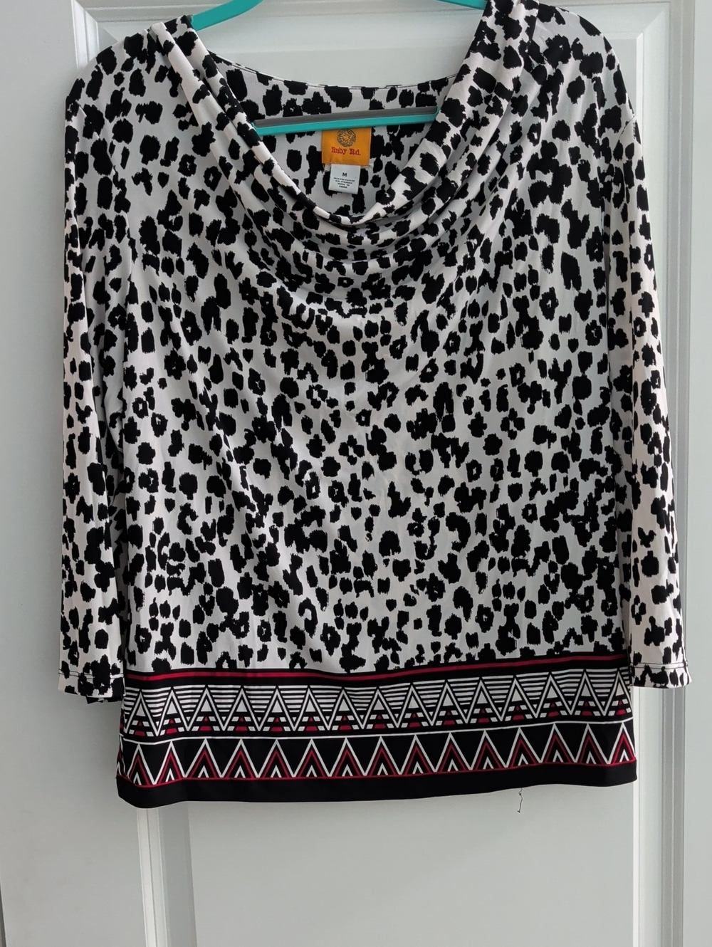 Ruby Rd. White and Black Animal Print Cowl Neck Top with Geometric Hem